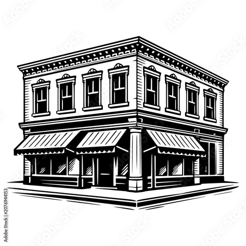 Corner Store Facade: A black and white illustration depicts a classic corner store building, featuring awnings over the windows, ornate details, and a prominent corner entrance.
