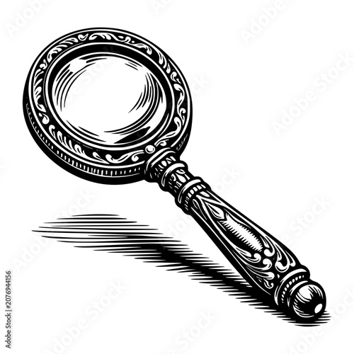 Vintage Magnifying Glass: An ornate, antique magnifying glass with intricate detailing on the handle and rim, casting a dramatic shadow on a flat surface.