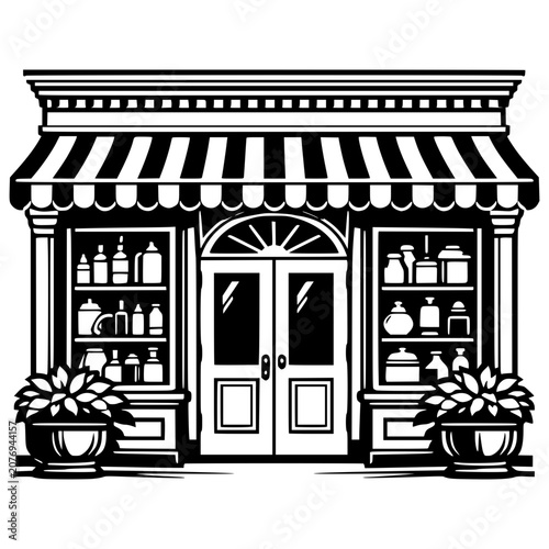 Vintage Apothecary Facade: A charming, retro-style storefront with striped awnings, detailed window displays, and double doors, evokes a sense of nostalgia and old-world commerce.