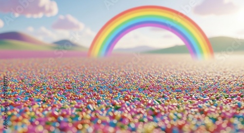 Rainbow over colorful candy field landscape with mountains