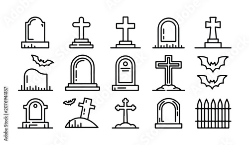 Bild auf Leinwand Halloween tombstone and cross icons graveyard spooky celebration holiday vector set