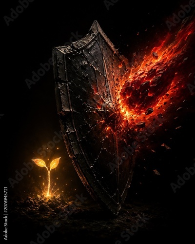 Dark obsidian shield deflecting a fiery meteor to protect a glowing golden seedling, symbolizing corporate risk management and asset protection.