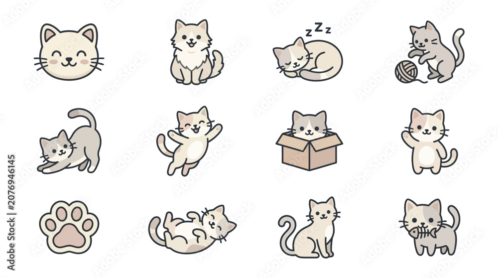 Obraz premium Cute pastel cat character poses and stickers.