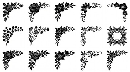 Set of floral corner ornaments with roses, peonies and decorative leaves