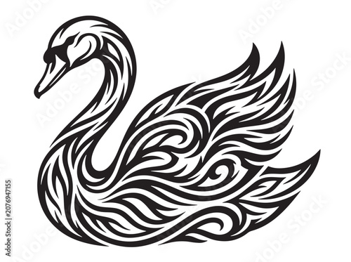 Fotografie Elegant Swan Tribal Tattoo Vector Illustration - Black and White Ornamental Bird