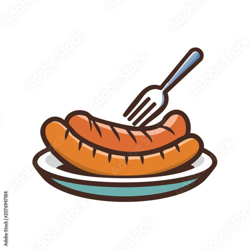 Grilled sausage on plate with fork, flat vector illustration