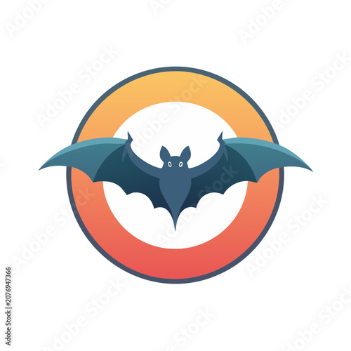 Bat silhouette in circular sunset frame vector illustration