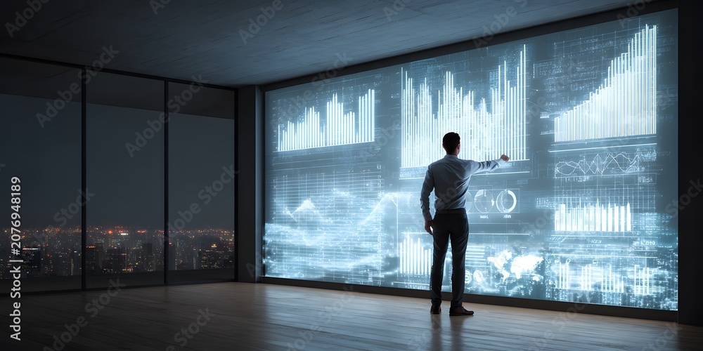 Fototapeta premium Businessman Interacting with Large Digital Data Visualization in Modern Office