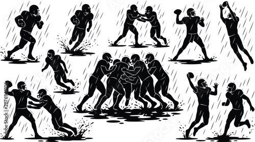Fotografie Football players intense action silhouettes