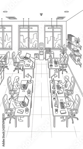 Line Art Illustration of Busy Open Plan Office Workspace With Professional Employees Working at Their Computer Desks
