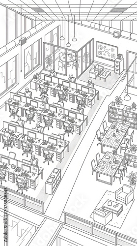 Contemporary Open Concept Corporate Office Workspace Interior Isometric Line Art Illustration for Business Planning