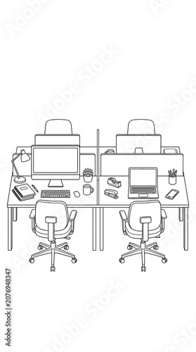 Professional Line Art Illustration Featuring A Dual Office Workstation Desk Setup With Computers And Ergonomic Chairs