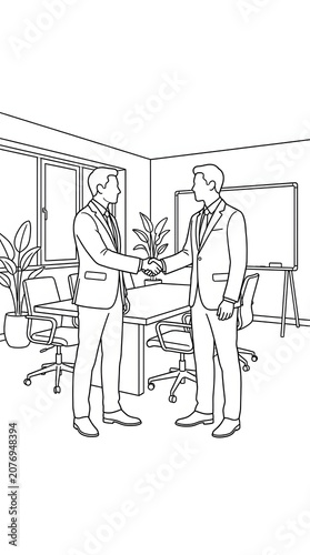 Professional Business Colleagues Handshaking After Successful Negotiation Meeting in Modern Office Environment Sketch