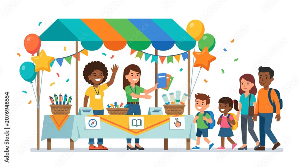 Fototapeta premium School Orientation Welcome Booth with Friendly Staff and New Students Flat Vector Illustration