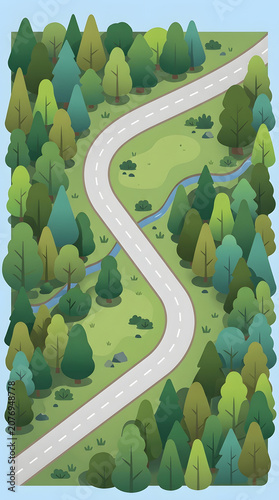 A Serene Winding Road Through A Lush Green Forest Landscape Featuring A Flowing Stream And Vibrant Woodland Scenery