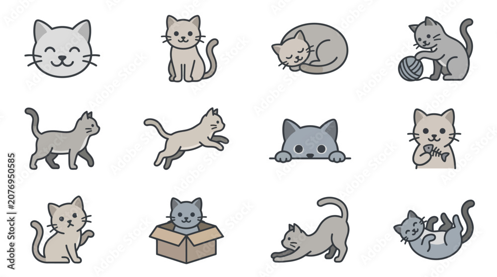 Fototapeta premium Playful grey kitten illustrations in various poses.