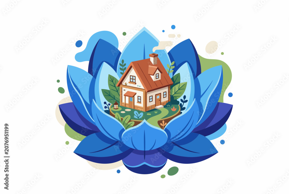 Naklejka premium Home Insurance Protection Symbol with House Inside Blue Lotus