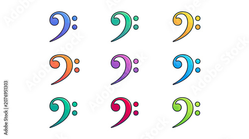 Musical bass clef symbols collection colorful gradients isolated