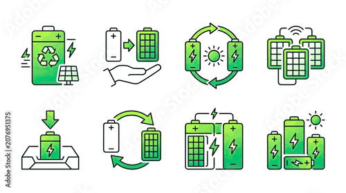 Renewable energy storage solutions icon set with batteries and solar panels