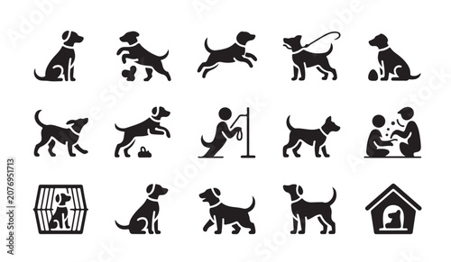 Fotografie Set of various dog silhouettes showing different activities and poses for pet shop icons
