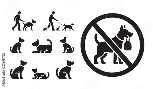 Tableau sur toile People walking dogs, various dog and cat poses, and no dogs allowed sign icons