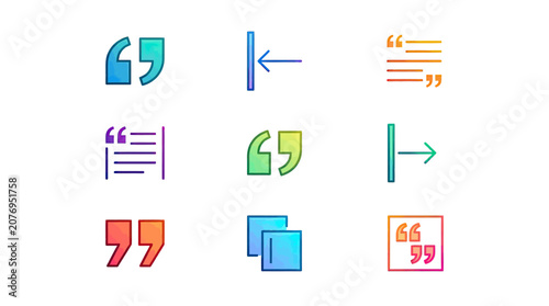 Graphic icons representing quotation marks and text alignment