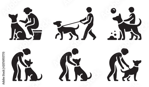 Photos People interacting with dogs for obedience training and leisure activities icon vector set