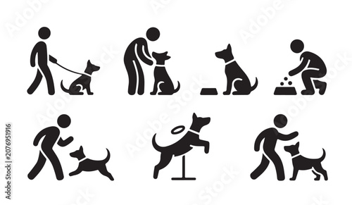 Schilderij op canvas People interacting with dogs in daily activities and training exercises black icons set