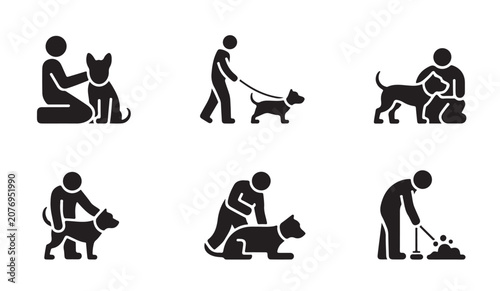 Fotografía Black silhouette icons showing dog obedience training and daily care activities