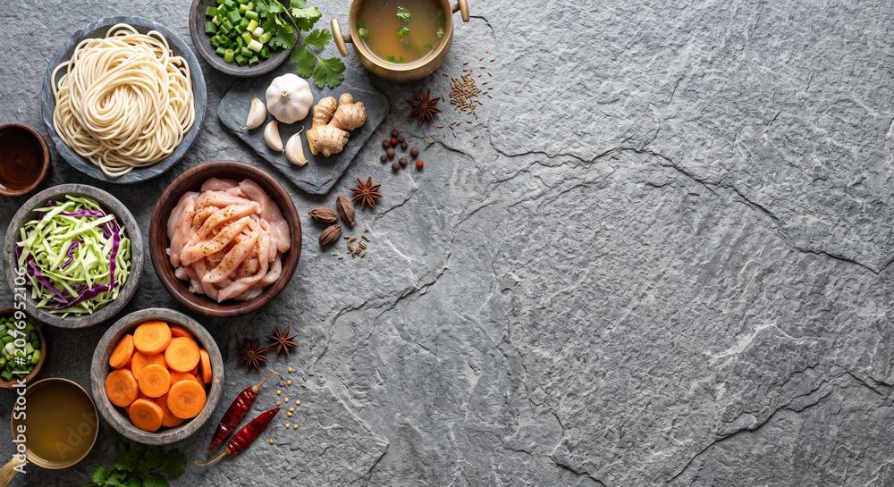 Fototapeta premium Overhead flat lay of Himalayan Thukpa noodle ingredients on slate stone surface