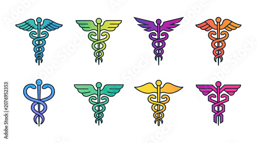 Medical caduceus symbol collection with winged staff and snake designs