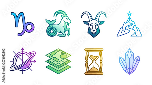 Astrology zodiac symbols mountain crystals hourglass icons collection