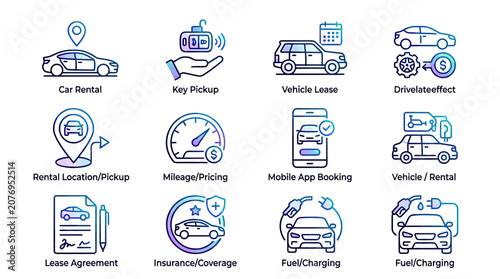Automotive service icons representing car rental and transportation concepts