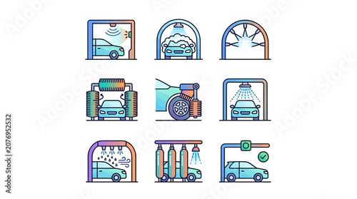Car wash service icons representing automated cleaning processes