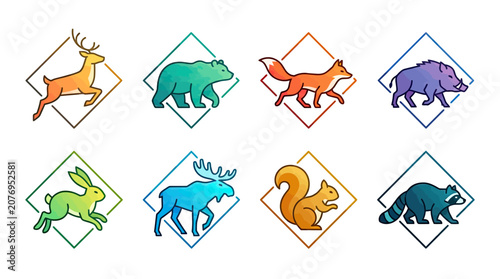 Collection of stylized woodland animal icons in geometric frames
