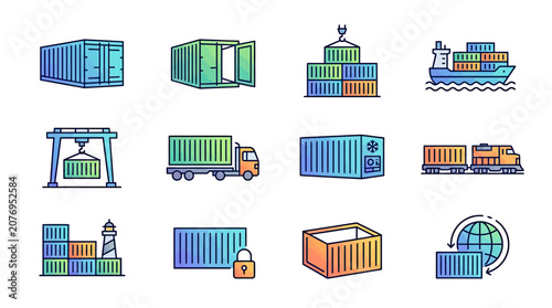 Cargo shipping containers transport logistics industry icons