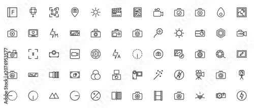 Photo_1025 icon set. Photography vector icons pack. Minimalist icons. Includes flash, spotlight, focus, camera, video, technology, album, monitor, projector, film, lens, tripod, zoom and more. Editabl