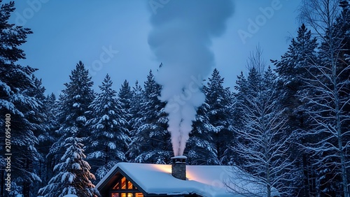 Snowy mountain landscape with pine trees and cabin.