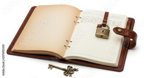 Vintage open leather journal notebook secured with a padlock and key notebook security confidential document personal information precious safeguard literature creative stationary