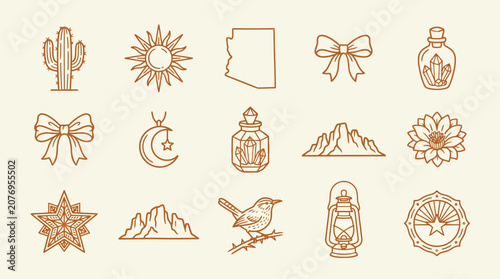 Bild auf Leinwand Collection of Southwestern desert icons and symbols in a minimalist line art style