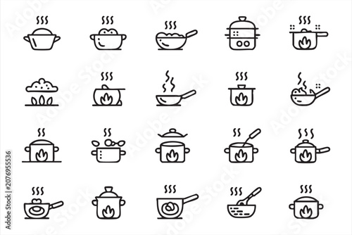 Tableau sur toile Professional Cooking Line Icons with Boiling Steaming and Frying Kitchen Utensil