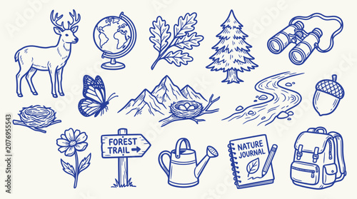 Collection of hand-drawn nature and outdoor adventure icons, including a deer, butterfly, mountains, and camping gear.