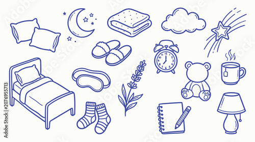 Cuadro en lienzo Collection of hand-drawn doodle icons representing sleep and bedtime routines, including a bed, pillows, and pajamas