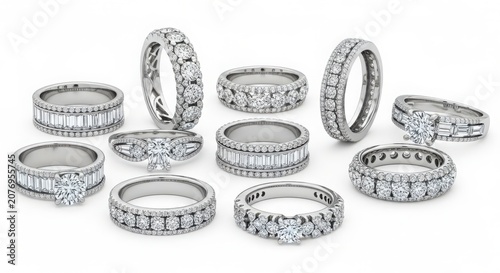 Collection of elegant diamond engagement and wedding rings with engagement platinum accessory marriage brilliant precious gemstone ornament romantic celebration ceremony expensive