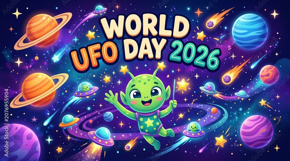Naklejka premium Cute cartoon alien celebrating world ufo day 2026 with planets and stars