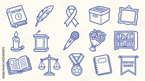 Collection of hand-drawn icons representing history, education, and achievement.