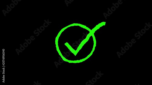 Green Checkmark Symbol on Black Background, Approval and Confirmation Concept, Hand Drawn Style check mark