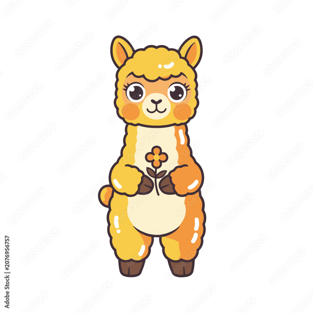Obraz premium Cute cartoon alpaca holding a flower