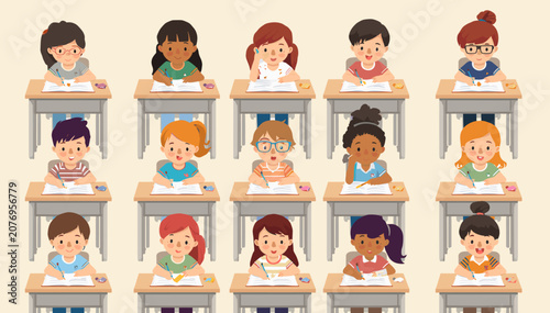 Tableau sur toile Diverse group of cartoon children sitting at individual desks in a classroom, focused on their schoolwork or a test