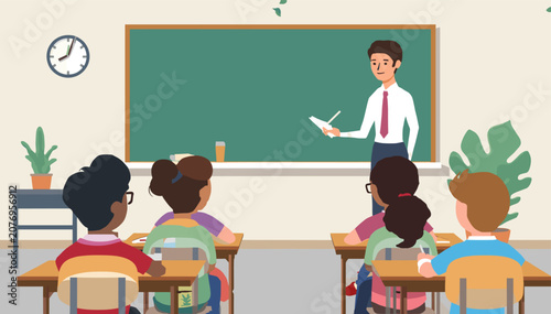 Foto An illustration depicting a male teacher instructing a diverse group of young students in a bright classroom setting with a chalkboard and desks
